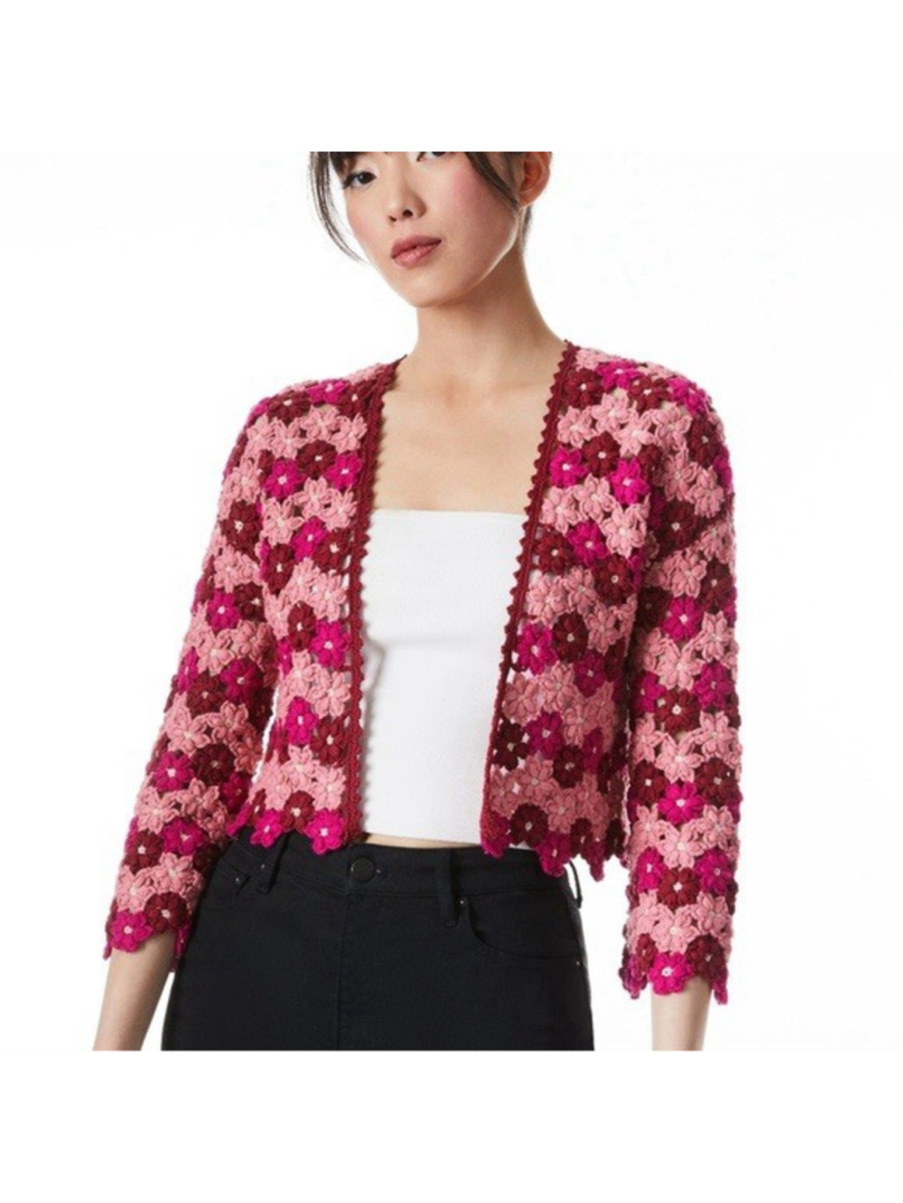 New Alice and Olivia Anderson Cropped Floral Crochet Cardigan In Multi Small